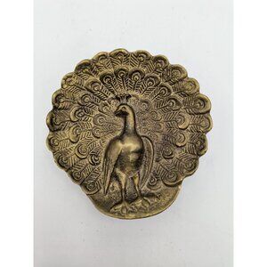 Vintage Brass Peacock Trinket Dish With Embossed Feathers & Raised Feet